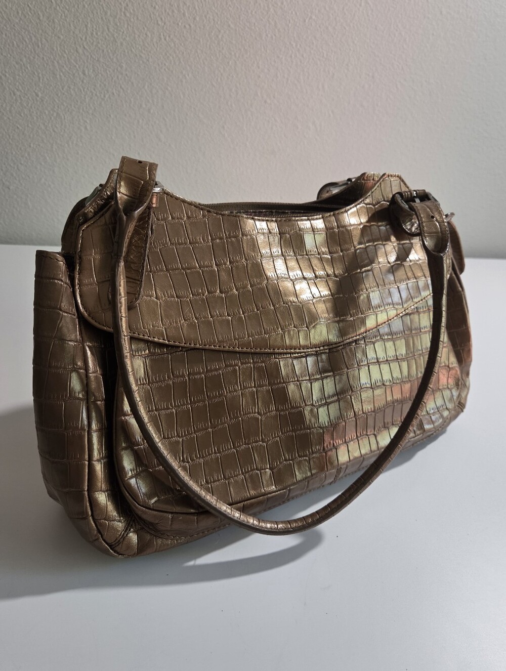 Metallic Bronze Croc-Embossed Shoulder Bag - Maxx New York